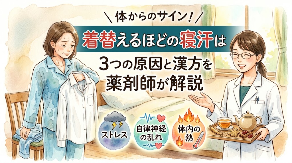 水彩画風のサムネイル画像。左側に寝汗でぐっしょりと濡れたパジャマ姿で、着替えのシャツを手に持ち困った表情の女性。右側に漢方茶と生薬が乗ったお盆を持ち、笑顔で案内をする女性薬剤師のイラスト。中央に「体からのサイン！着替えるほどの寝汗は 3つの原因と漢方を薬剤師が解説」という大きなタイトル文字。下部には原因となる「ストレス」「自律神経の乱れ」「体内の熱」を示す3つの円形アイコンが並んでいる。