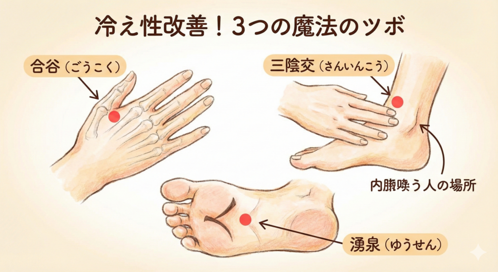 冷え性改善に効く3つのツボ（合谷・三陰交・湧泉）の位置を解説したイラスト図。手の甲の「合谷」、足首内側の「三陰交」、足裏中央の「湧泉」の具体的な場所を示したもの。
