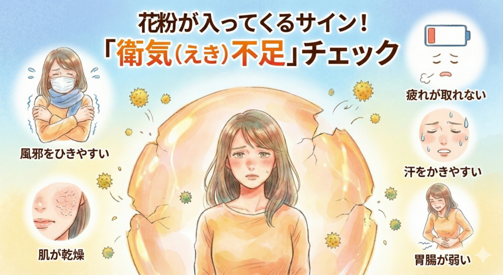 花粉が入ってくるサイン「衛気（えき）不足」チェックの図解イラスト。体のバリア機能に隙間ができている女性の周りに、風邪をひきやすい、疲れが取れない、汗をかきやすい、胃腸が弱い、肌が乾燥などの症状アイコンを描写。