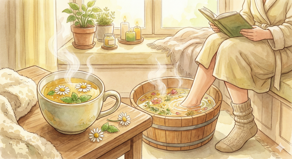 自律神経を整える「養生（セルフケア）」のイメージイラスト。湯気の立つ温かいハーブティーと、リラックス効果のある足湯で、心と体を温めて副交感神経を優位にしている様子。