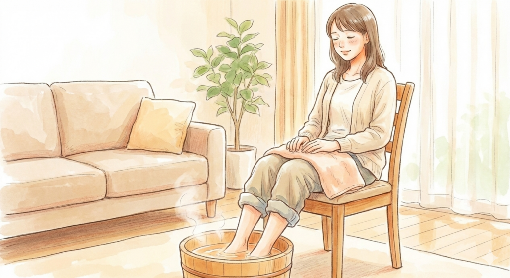 冷えのぼせ対策として足湯をしてリラックスしている女性のイラスト。頭寒足熱を作り、下半身の血流を改善する漢方おすすめのセルフケア。
