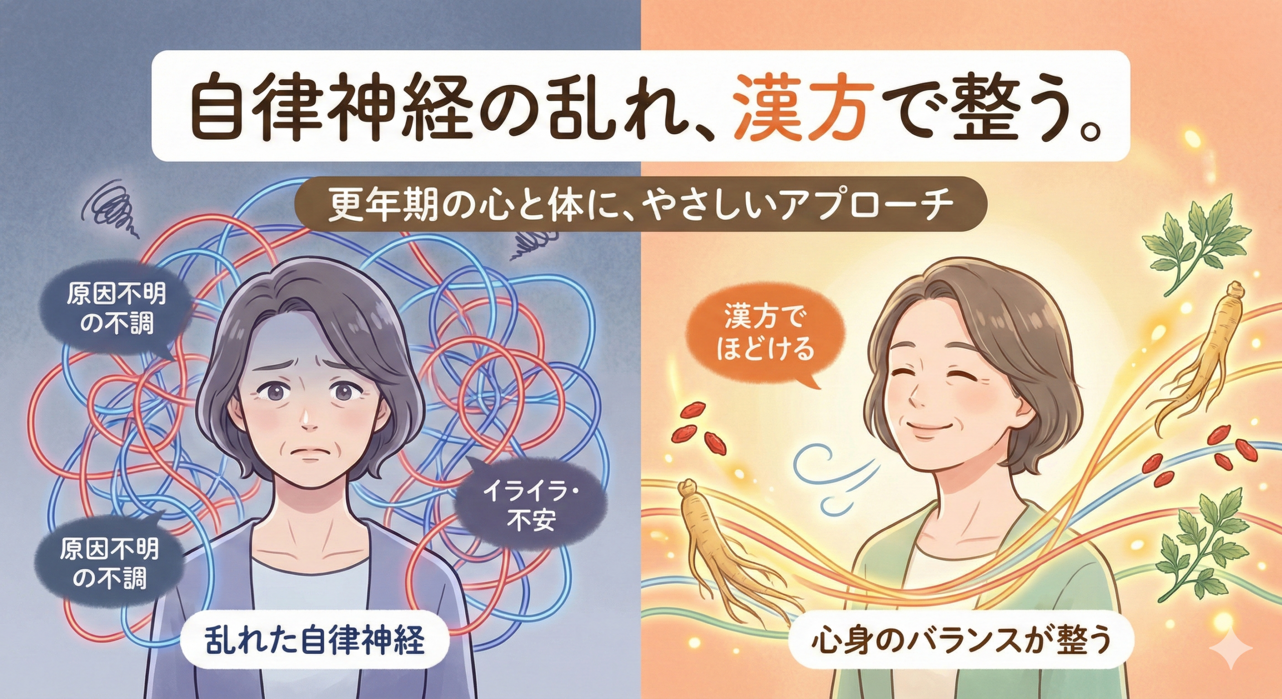 更年期の不調（イライラ・不安）の原因が「自律神経の乱れ」にあることに気づき、漢方で解決への希望を見つけた女性のビフォーアフターイラスト。新宿・太陽堂のブログ記事「更年期と自律神経」のアイキャッチ画像。