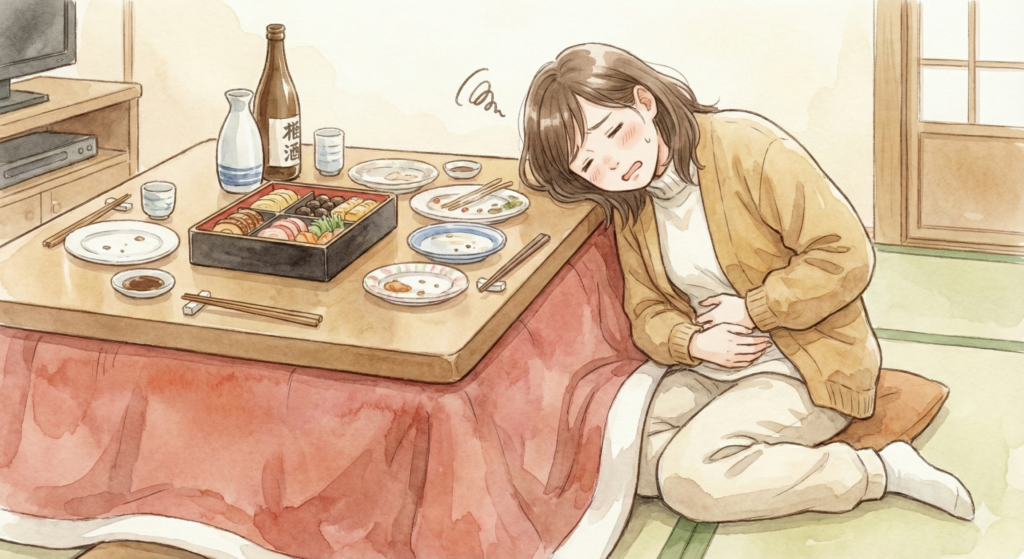 正月疲れで胃もたれしている女性の水彩イラスト。コタツでおせち料理やお酒を前に、お腹を押さえてぐったりしている様子。