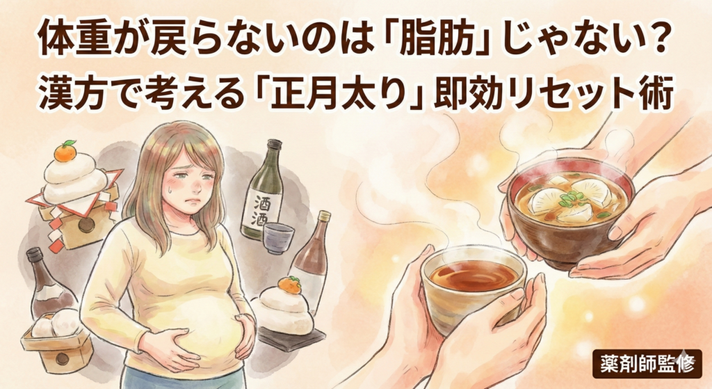 正月太り・胃腸リセット記事のサムネイル画像。「体重が戻らないのは脂肪じゃない？」というタイトルと共に、お餅やお酒で太ってお腹を抱える女性に、温かい大根スープやプーアル茶を差し出して助ける様子を描いたイラスト。薬剤師監修。