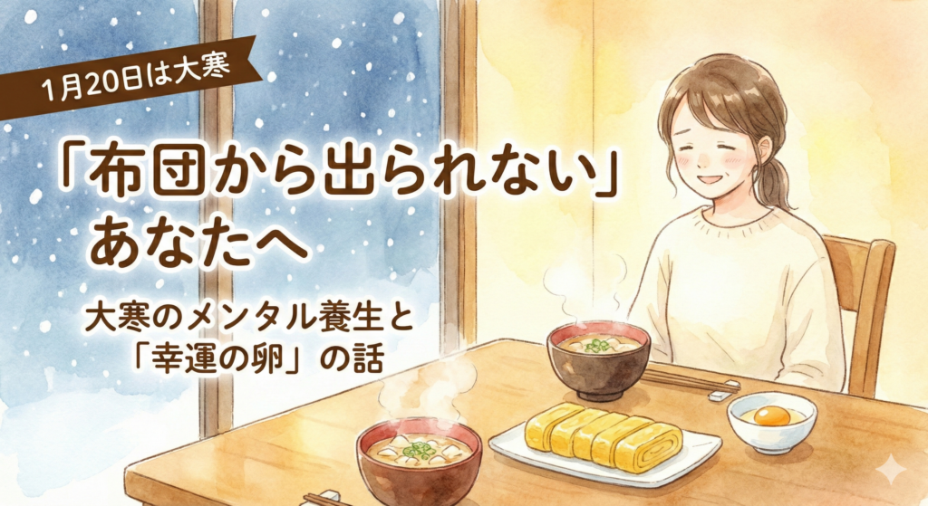 大寒の養生ブログ記事のサムネイル。「1月20日は大寒」「『布団から出られない』あなたへ。大寒のメンタル養生と『幸運の卵』の話」という文字。雪景色を背景に、温かい卵焼きと粕汁を前にほほえむ女性の水彩イラスト。