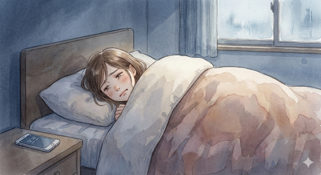 冬の朝、寒さとだるさで布団から出られずに辛そうな表情をしている女性の水彩イラスト。枕元のスマホのアラームが鳴っている様子。