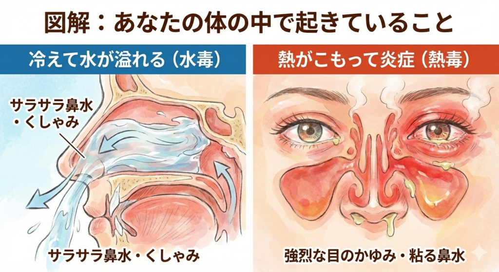花粉症の体内メカニズムを解説する図解イラスト。左側は「冷えて水が溢れる（水毒）」状態で、鼻の断面図からサラサラした鼻水が流れ出ている様子。右側は「熱がこもって炎症（熱毒）」状態で、目と鼻の粘膜が赤く腫れ上がり、熱気が出ている様子を描写。