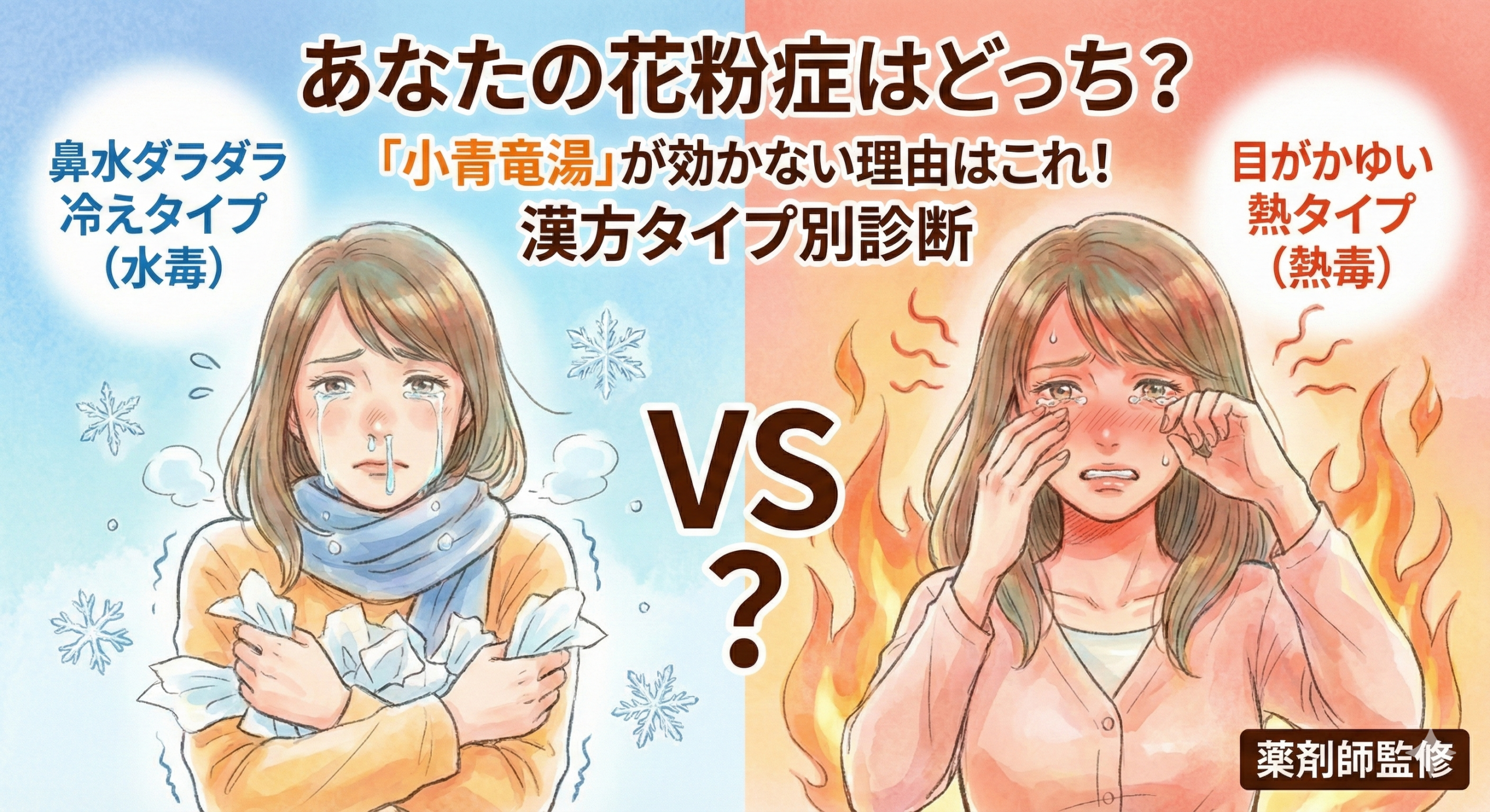 花粉症のタイプ別診断のアイキャッチ画像。「あなたの花粉症はどっち？」という問いかけと共に、左側は青い背景で鼻水ダラダラの冷えタイプ（水毒）の女性、右側は赤い背景で目がかゆい熱タイプ（熱毒）の女性を対比させたイラスト。「小青竜湯」が効かない理由を解説する漢方診断記事のサムネイル。薬剤師監修。