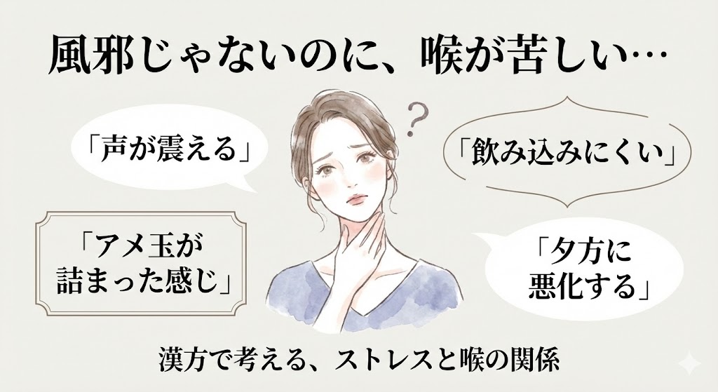 風邪ではないのに喉が苦しい、声が震える、飲み込みにくい、アメ玉が詰まった感じがするといった症状に悩む女性のイラスト。「漢方で考える、ストレスと喉の関係」というタイトルで、ヒステリー球や発声障害の初期症状をチェックリスト風に紹介しているアイキャッチ画像。