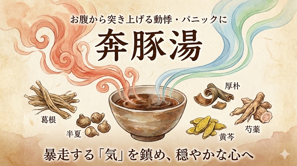 お腹から突き上げる動悸やパニックに効く漢方「奔豚湯」の解説記事アイキャッチ。暴走する気を鎮める生薬と漢方の湯気を描いた水彩画風イラスト