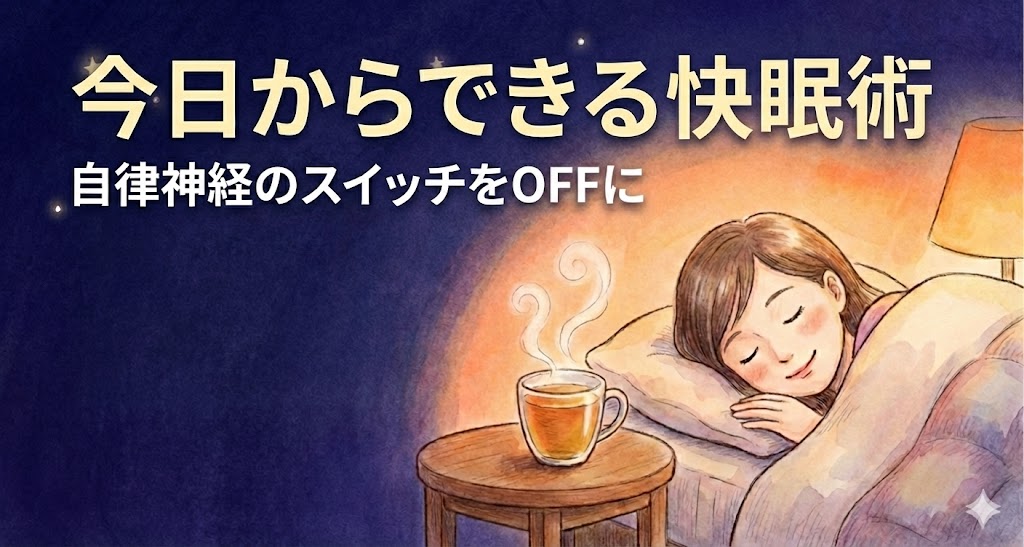 暗いネイビーの夜空と星を背景に、ベッドで安らかに眠る女性と湯気の立つ温かい飲み物のイラスト。画像の左側には「今日からできる快眠術」、その下に「自律神経のスイッチをOFFに」という淡いクリーム色のタイトル文字が配置されている。