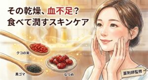 乾燥肌対策記事のサムネイル。「その乾燥、血不足？食べて潤すスキンケア」というタイトルと共に、漢方食材（クコの実、黒ゴマ、ナツメ）を取り入れて肌の潤いを取り戻し、頬に手を当てて微笑む女性を描いたイラスト。薬剤師監修。