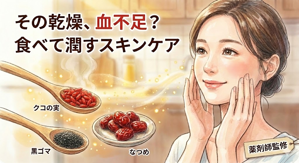 乾燥肌対策記事のサムネイル。「その乾燥、血不足？食べて潤すスキンケア」というタイトルと共に、漢方食材（クコの実、黒ゴマ、ナツメ）を取り入れて肌の潤いを取り戻し、頬に手を当てて微笑む女性を描いたイラスト。薬剤師監修。