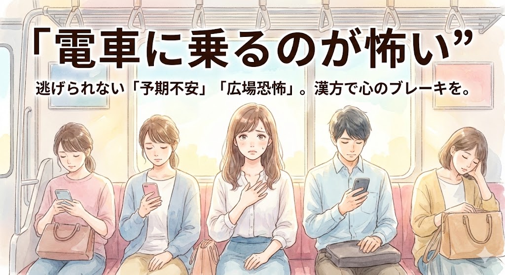 電車に乗るのが怖い、予期不安や広場恐怖を感じて冷や汗をかいている女性のイラスト。パニック障害特有の「逃げられない場所での緊張」を表現したアイキャッチ画像。「漢方で心のブレーキを」というキャッチコピー入り。