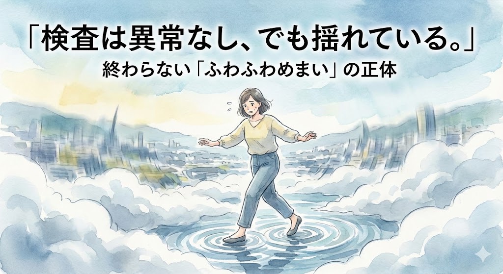 「検査は異常なし、でも揺れている。」終わらない「ふわふわめまい」の正体というタイトル文字。雲や水面の上を歩いているかのような不安定な足取りで、バランスを取ろうとしている女性のイラスト。病院で原因不明と言われる浮動性めまい（自律神経や水毒が原因）の辛さを表現したアイキャッチ画像。
