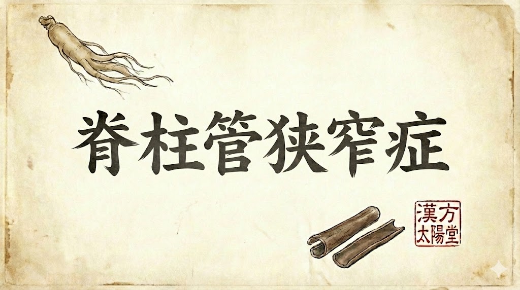 和紙の背景に「脊柱管狭窄症」と筆文字で書かれた記事サムネイル。厳選された生薬のイラストと漢方薬局太陽堂のロゴ印影を配置した、落ち着きのあるデザイン。
