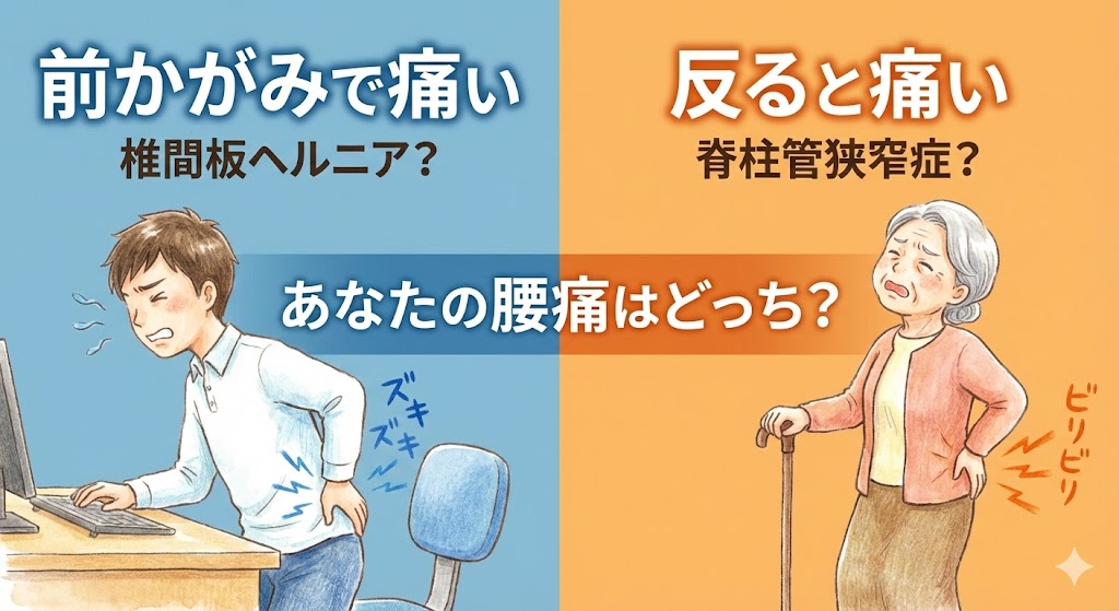 椎間板ヘルニアと脊柱管狭窄症の違いを比較したイラスト。「前かがみで痛い」ヘルニアと「反ると痛い」狭窄症の特徴を対比させた、腰痛セルフチェック用の記事サムネイル。