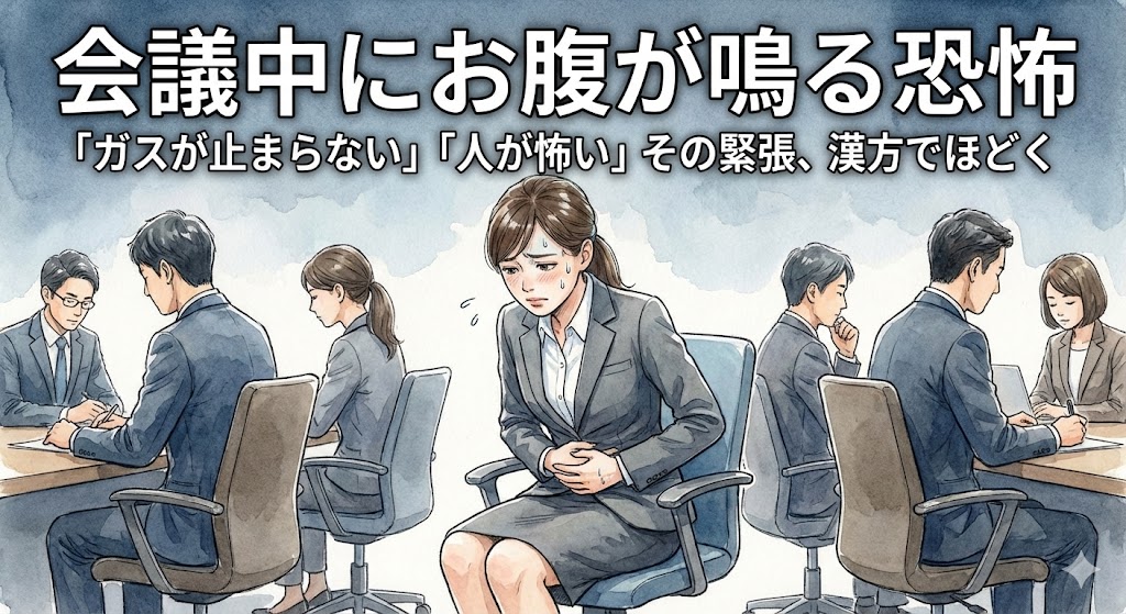 会議中にお腹が鳴る恐怖、ガスが止まらない、人が怖いといった過敏性腸症候群（IBS）の悩みを表現したアイキャッチ画像。静まり返った会議室で、冷や汗をかきながらお腹を押さえて緊張している女性のイラスト。「その緊張、漢方でほどく」というキャッチコピー。