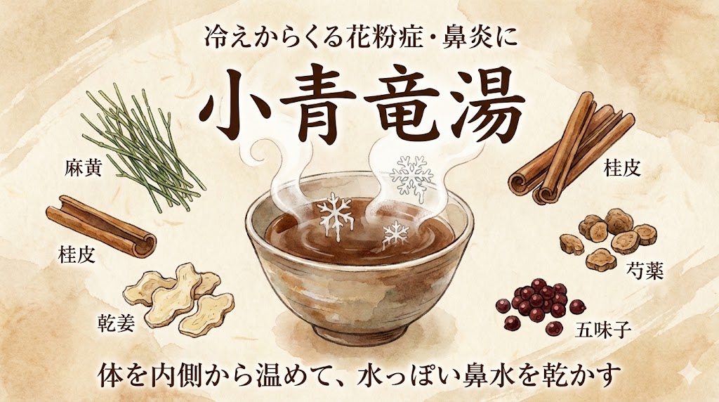 冷えからくる花粉症や鼻炎に効く「小青竜湯」の解説記事アイキャッチ。温かい漢方薬の湯気が雪（冷え）を溶かす水彩画風イラスト