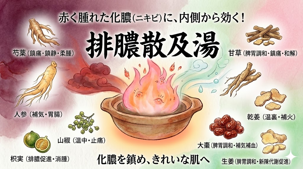 「排膿散及湯」を紹介する、温かみのある水彩画調の漢方薬サムネイル。和紙のような質感の背景で、中央には煎じ薬の器から立ち上る炎（湯気）が、熱・炎症（濃い雲）と治癒（緑の雲）の背景とともに描かれている。大きな毛筆フォントで「排膿散及湯」と書かれ、キャッチコピーとして上に「赤く腫れた化膿（ニキビ）に、内側から効く！」、下に「化膿を鎮め、きれいな肌へ」とある。周囲には人参、芍薬、枳実、甘草、乾姜、大棗、生姜の6種類の生薬とその役割がイラストとともに配置され、ニキビや化膿性疾患に対する漢方の力強い効果を表現している。
