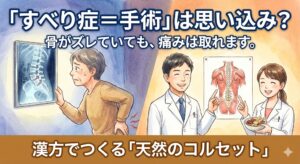 腰椎すべり症で手術が必要と不安になる患者と、漢方による「天然のコルセット」治療を提案する薬剤師のイラスト。骨のズレと痛みの関係を解説する記事サムネイル