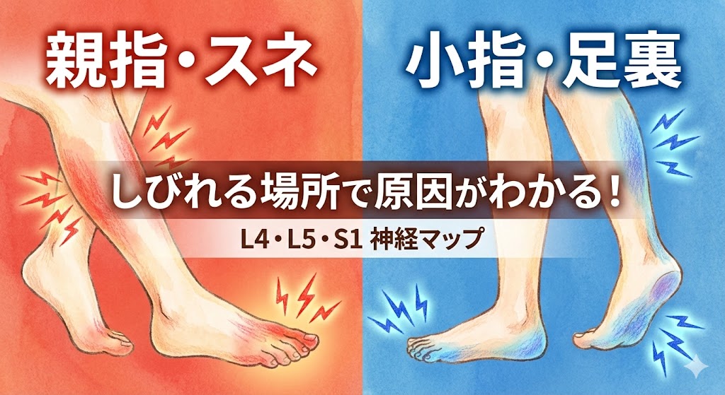 足の親指と小指、どちらが痺れるかで腰椎の原因箇所がわかる比較イラスト。L4・L5・S1神経マップの解説記事サムネイル