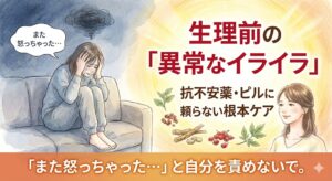 生理前の異常なイライラや自己嫌悪に悩む女性と、抗不安薬やピルに頼らない漢方の根本ケアを提案する女性薬剤師のイラスト。PMSやPMDDの精神症状を解説する記事サムネイル