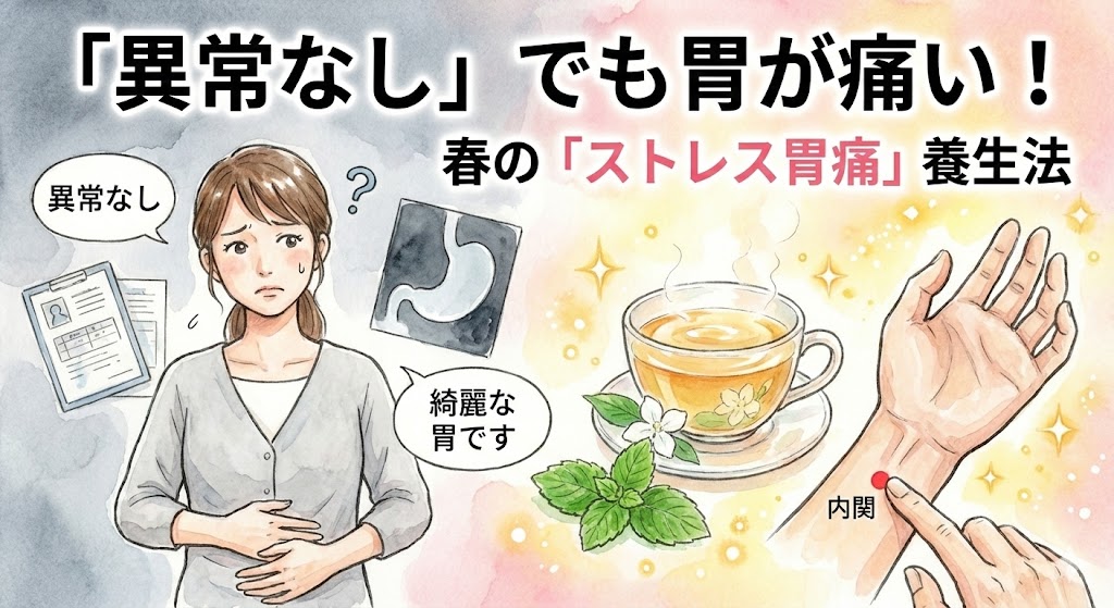 春のストレス胃痛対策記事のサムネイル。「異常なし」でも胃が痛い！というタイトルと共に、検査結果に悩む女性と、解決策であるジャスミン茶やツボ押し（内関）を描いたイラスト。薬剤師監修。