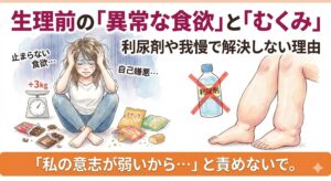 生理前の異常な食欲やむくみによる体重増加で自己嫌悪に陥る女性と、利尿剤にバツ印が描かれたイラスト。PMSの過食や浮腫を解説する記事サムネイル