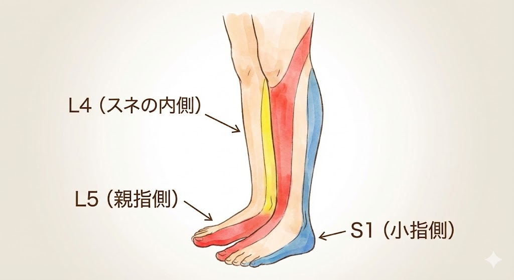 足のしびれる場所(親指側・小指側・スネ)と腰椎の神経(L4・L5・S1)の対応関係を示したデルマトーム図解