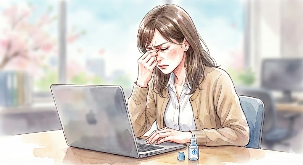 オフィスでノートパソコンに向かいながら、目の辛さで眉間にシワを寄せ、片手で目頭を押さえているビジネスウーマンの水彩イラスト。デスクの上には使いかけの目薬のボトルが置かれており、目薬が効かない辛い状況を表現している。