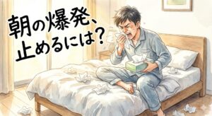 朝の寝室で、ティッシュの箱を抱えて大きなくしゃみをしている男性のイラスト。「朝の爆発、止めるには？」の文字。