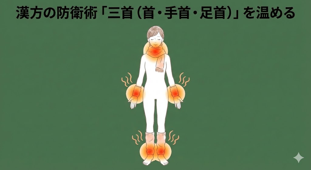 漢方の防衛術「三首(首・手首・足首)」を温めるポイントを図解したイラスト。女性の全身図で、首にはマフラー、手首にはリストウォーマー、足首にはレッグウォーマーが着用され、それぞれの部位が赤く温かそうに光っている。