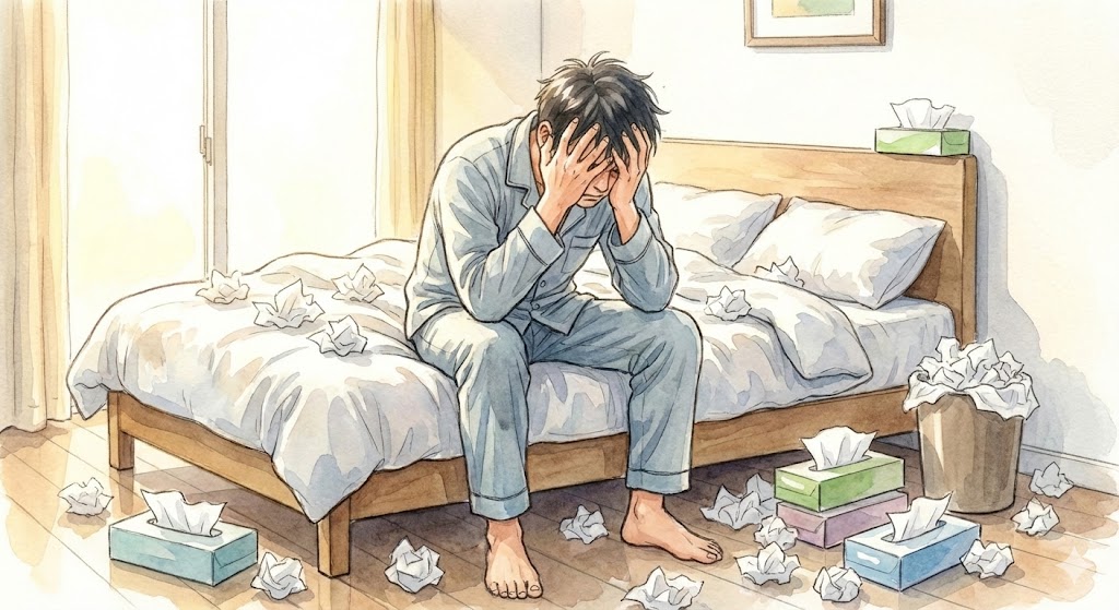 大量のティッシュのゴミと、頭を抱える男性のイラスト(症例用)。
