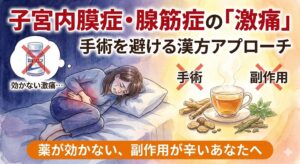 子宮内膜症や子宮腺筋症の激痛にうずくまる女性と、ディナゲストの副作用や手術の不安を避け、漢方で根本から流すアプローチを提案する記事サムネイル