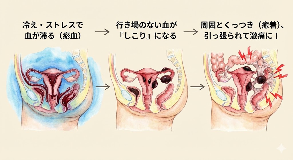 子宮内膜症・子宮腺筋症で激痛が起きる原因。骨盤内の冷えで滞ったドロドロ血(瘀血)がしこりやチョコレート嚢胞となり、周囲の臓器と癒着して痛みを引き起こすメカニズムの図解