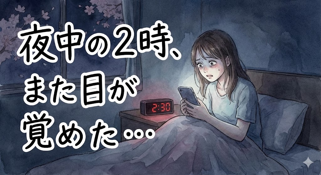 真夜中の寝室。暗い部屋の中で、布団の中で目をパッチリ開けてしまい、スマホや時計の光を見て焦っている女性のイラスト。「夜中の2時、また目が覚めた…」の文字。