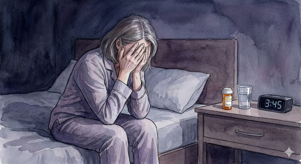 ベッドに座り込み、両手で顔を覆って「また眠れなかった」と悩んでいる女性の姿と、サイドテーブルに置かれた睡眠薬のボトルのイラスト。