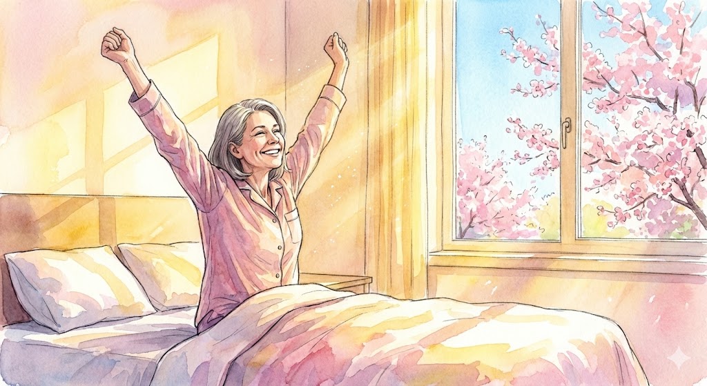 朝日を浴びてスッキリと目覚め、気持ちよく背伸びをしている女性の水彩イラスト。(改善後のイメージ)