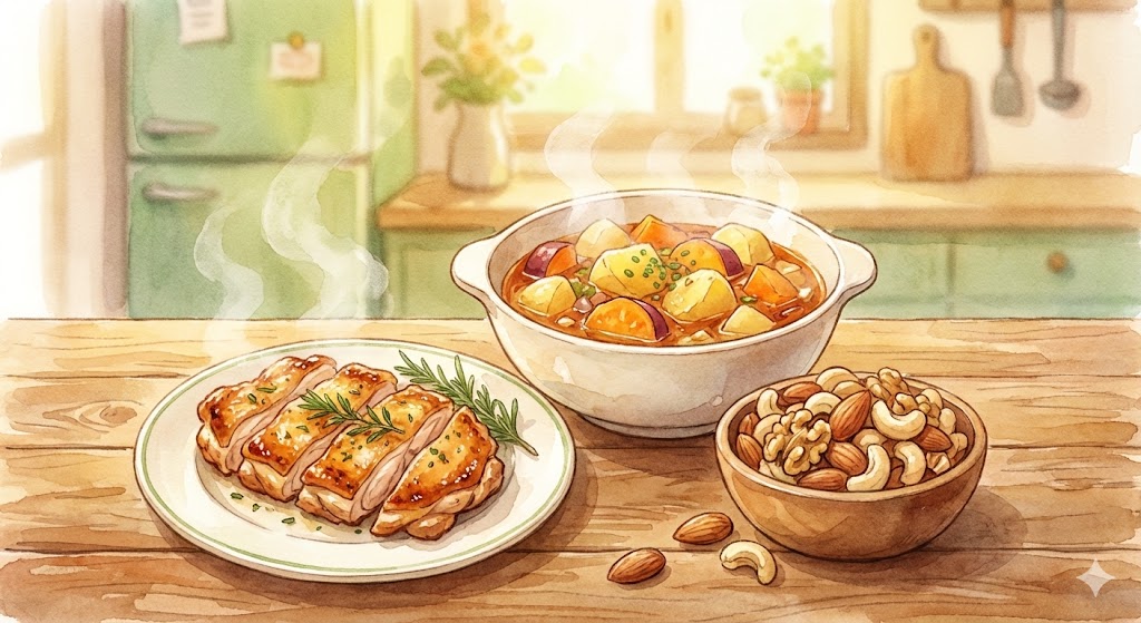 漢方で「気(エネルギー)」を補うとされる食材の水彩イラスト。温かい湯気が立つジャガイモとサツマイモの煮込み、こんがり焼けた鶏肉のソテー、小鉢に入ったミックスナッツが木製のテーブルに並んでいる。