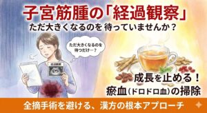 子宮筋腫の「経過観察」でただ大きくなるのを待っている不安な女性と、全摘手術を避けて瘀血(ドロドロ血)を掃除し成長を止める漢方アプローチを提案する記事サムネイル