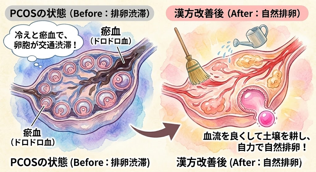 多嚢胞性卵巣症候群(PCOS)で排卵しない原因。冷えとドロドロ血(瘀血)で未熟な卵胞が渋滞する状態から、漢方で血流を改善して自力で自然排卵するメカニズムの図解