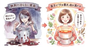 鉄剤を飲んでも穴あきバケツから血が漏れる「終わらない貧血ループ」に悩む女性と、漢方で穴を塞ぎ、自力で血を蓄えられるようになった元気な女性の姿を対比した水彩画風イラスト。