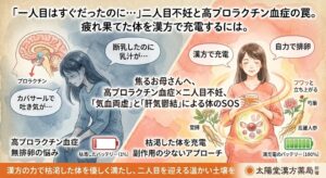 古紙風の背景に描かれた、二人目不妊と高プロラクチン血症をテーマにした水彩画風のインフォグラフィック画像。画面は左右に分割され、左側の寒色系(青・グレー)で「悩み」を、右側の暖色系(ピンク・オレンジ)で「漢方による解決」を表現している。 上部には「『一人目はすぐだったのに…』二人目不妊と高プロラクチン血症の罠。疲れ果てた体を漢方で充電するには。」というタイトル。中央には「焦るお母さんへ、高プロラクチン血症×二人目不妊、『気血両虚』と『肝気鬱結』による体のSOS」と書かれている。 左側には疲れ果ててうつむく女性の姿と、プロラクチンが分泌される脳の図。「断乳したのに乳汁が…」「カバサールで吐き気が…」という吹き出しがあり、下部には残り1%の枯渇した赤いバッテリーアイコンと「高プロラクチン血症」「無排卵の悩み」のテキスト。 右側には、穏やかな笑顔で漢方茶を手に持つ女性。下腹部には温かい子宮と赤ちゃんの足跡が描かれ、当帰、芍薬、高麗人参などの生薬と温かい光の帯に包まれている。「漢方で充電」「自力で排卵」という吹き出しがあり、下部には100%の満充電の緑色バッテリーアイコンと「枯渇した体を充電」「副作用の少ないアプローチ」のテキスト。 最下部のオレンジ色の帯には「漢方の力で枯渇した体を優しく満たし、二人目を迎える温かい土壌を」と書かれ、右下に「太陽堂漢方薬局 新宿」のロゴが配置されている。