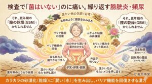 更年期女性の繰り返す膀胱炎・頻尿をテーマにしたインフォグラフィック。タイトルは、検査で「菌はいない」のに痛い。繰り返す膀胱炎・頻尿。中央に座る女性が、下腹部を大切そうに守っている。澱みからは「それ、更年期の「膣の乾燥（GSM）」かもしれません」とあり、「冷たいメス」や「抗生物質（薬のループ）」を、漢方の温かい光の包容が押し返している。女性を囲む補腎生薬と滋陰生薬から立ち上る温かいオーラが、「更年期のカラカラ砂漠」をオアシスのように潤し、彼女の下腹部を包み込んでいる。オーラの中では「良質な水（潤い）」のアイコンが守られ、粘膜がふっくらと厚みを取り戻している。下部のオレンジ色の帯に白文字で：カラカラの砂漠化（乾燥）に「潤い（水）」を生み出し、バリア機能を回復させる漢方。太陽堂の stamp は右下に配置。