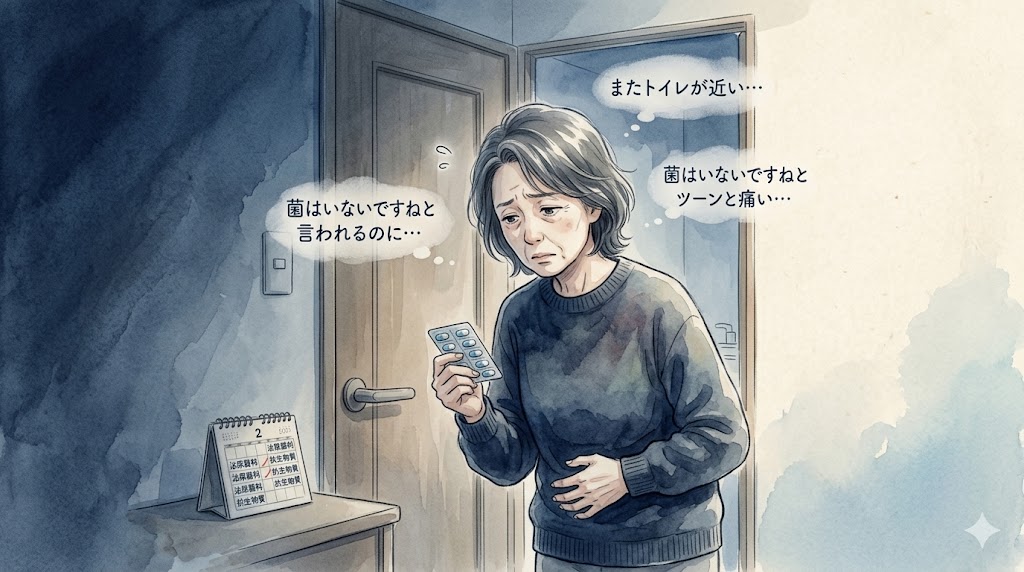 水彩画風のイラスト。和紙のような質感の背景に、不安げで疲れた表情の中年女性が描かれている。彼女は右手で抗生物質の薬を持ち、左手で下腹部をさすっている。左側のデスク上にあるカレンダーには「2月」、「泌尿器科」、「抗生物質」の書き込みが何度も繰り返されている。彼女の頭上には、心の声として「またトイレが近い…」「菌はいないですねとツーンと痛い…」「菌はいないですねと言われるのに…」という日本語のテキストが浮かんでいる。慢性的な頻尿と尿路トラブルに悩み、抗生物質を飲んでも治らない、終わりの見えない不安を表現した画像。