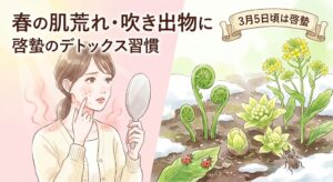 啓蟄の養生ブログ記事アイキャッチ。左半分は春の陽射しの中、頬の赤みや吹き出物を手鏡で気にする女性の水彩イラスト。右半分は雪解けの土から這い出る虫や芽吹く山菜の様子。「春の肌荒れ・吹き出物に」「啓蟄のデトックス習慣」というタイトル文字。