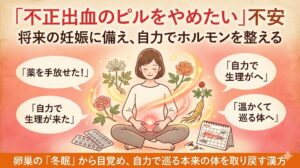漢方薬局ウェブサイト用のアイキャッチ画像。和紙風の温かい背景に、穏やかな笑顔で座る女性が描かれ、彼女の下腹部には温かい光が灯っている。当帰、芍薬、高麗人参などの生薬の光の帯が女性を優しく包み込んでいる。足元には使い古されたピルシートと不正出血の記録があるカレンダーが置かれ、これらを手放せた安堵感を表現している。上部には大きく赤文字で「『不正出血のピルをやめたい』不安」と書かれ、その下に茶色文字で「将来の妊娠に備え、自力でホルモンを整える」と続く。女性を囲むオレンジの吹き出しには「薬を手放せた！」、「自力で生理が来た」、「温かくて巡る体へ」と書かれている。下部のオレンジ色の帯には白文字で「卵巣の『冬眠』から目覚め、自力で巡る本来の体を取り戻す漢方」と書かれている。
