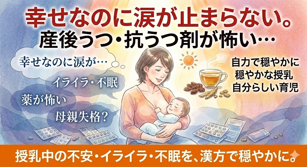"幸せな授乳の時間のはずなのに、理由のない涙やイライラ・不眠（産後うつ・育児ノイローゼ）に襲われ、抗うつ剤や睡眠薬を飲むのが怖いとお悩みの方へ。お母さんの穏やかな笑顔と幸せそうな赤ちゃん（授乳）を、温かい光と冷たい影の重層的なグラデーションで表現。足元には散らばった薬のシートと不安な思い（吹き出し）。漢方で体に優しく栄養を満たし、本来の穏やかな育児生活を取り戻す根本改善を提示する記事サムネイル"