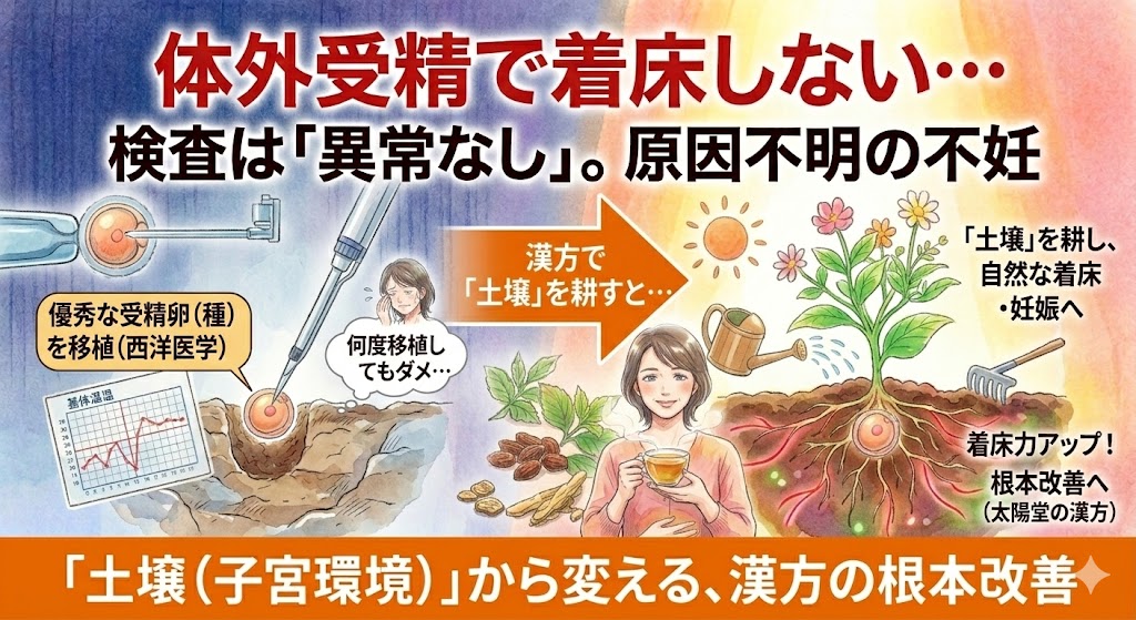 原因不明の不妊・着床障害にお悩みの方へ。優しい水彩タッチで、西洋医学（IVF：種まき）と漢方（土壌作り）の役割分担を視覚化。左側の冷たく硬い土壌（子宮環境）に移植された受精卵（種）は根を張れず、泣く女性を配置。右側は温かく耕された土壌（豊かな血流のライン）に同じ受精卵が深く植えられ、しっかりと根を張り、元気な双葉と花を咲かせる様子（着床成功）を笑顔の女性と漢方茶と共に描く。これまでのシリーズと同じお母さんのアイコンを配置し、高度技術（西洋）を活かすための根本改善を提示する記事サムネイル。